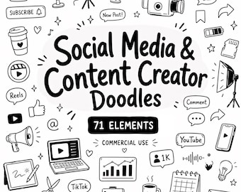 Social Media Clip Art, Content Creator Doodle Cliparts, Influencer Doodles, Digital Download, Commercial Use, 71 Transparent PNG