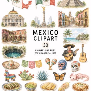Może przedstawiać: Kolekcja akwarelowych ilustracji przedstawiających meksykańskie ikony kulturowe, w tym mapę Meksyku, flagę narodową, Chichen Itza, Anioła Niepodległości, muzyka mariachi, cukrową czaszkę, piniatę oraz różnorodne meksykańskie potrawy i przekąski.