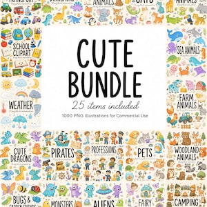 May include: A digital collection titled CUTE BUNDLE 25 items included 1000 PNG Illustrations for Commercial Use, featuring categorized sets of colorful cartoon graphics including transport, dinosaurs, animals, school, weather, pirates, and monsters.