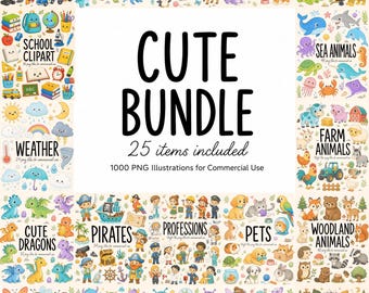 Cute Clipart, 25 Items in 1 Bundle, 1000 Transparent Background PNGs, Digital Download, Commercial Use, Printable Sublimation Scrapbook