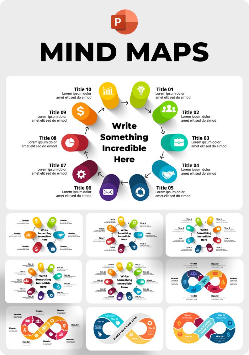 K&ouml;nnte beinhalten: Infografik mit dem Titel "MIND MAPS" mit der zentralen Textaufforderung "Write Something Incredible Here". Das Design zeigt farbenfrohe kreisf&ouml;rmige Symbole und Pfeile mit Platzhaltern f&uuml;r Titel und Text. Mehrere Variationen sind abgebildet.