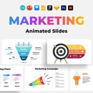 Könnte beinhalten: Ein farbenfrohes Präsentations-Slide-Deck mit dem Wort "MARKETING" in einem Farbverlauf von Pink, Orange und Gelb. Die Slides zeigen verschiedene Marketing-bezogene Grafiken, darunter einen Sales Funnel, ein Ziel, ein Megaphon und Balkendiagramme. Die Slides sind für eine Präsentation über Marketing konzipiert.