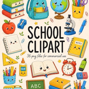 Puede incluir: Una colección de ilustraciones con temática escolar que incluye una mochila azul, un globo terráqueo, libros, un microscopio, un portalápices amarillo, una manzana roja, un cuaderno, una regla, pegamento, un despertador, un autobús y una pizarra.