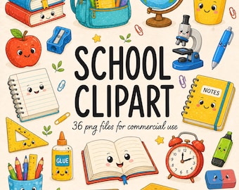 School Clipart Bundle, Cute Back to School Illustrations, Classroom Supplies, High-Res Transparent PNG, Commercial Use