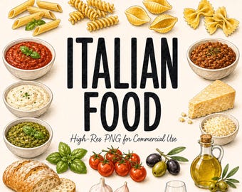 Paquete de 25 imágenes prediseñadas de comida italiana: pasta, pizza, ravioles, parmesano, pesto, tiramisú; platos modernos de Italia; ilustraciones PNG nítidas.