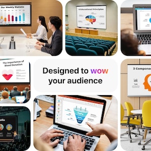 May include: A collage of images showcasing different ways to use a projector for presentations. The images show a variety of presentations, including charts, graphs, and diagrams. The text "Designed to wow your audience" is displayed in the centre of the collage.