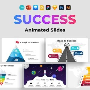 May include: A set of animated slides for presentations on the topic of success. The slides feature various colorful graphics, including an iceberg, a road, and a mountain, with text labels such as "Iceberg - 5 Steps to Success", "Road to Success", and "3 Steps to Success".