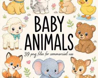 Paquete de imágenes prediseñadas de animales bebés, lindas mascotas de granja, bosque y safari, paquete de ilustraciones PNG de acuarela kawaii pastel boho para guardería y baby shower