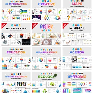 May include: A collage of nine colorful images showcasing different types of animated presentation slides. The images include 3D infographics, creative slides, maps, technologies, Easter, minimal, education, medicine & science, agenda, timelines & roadmaps, ecology, and watercolor.