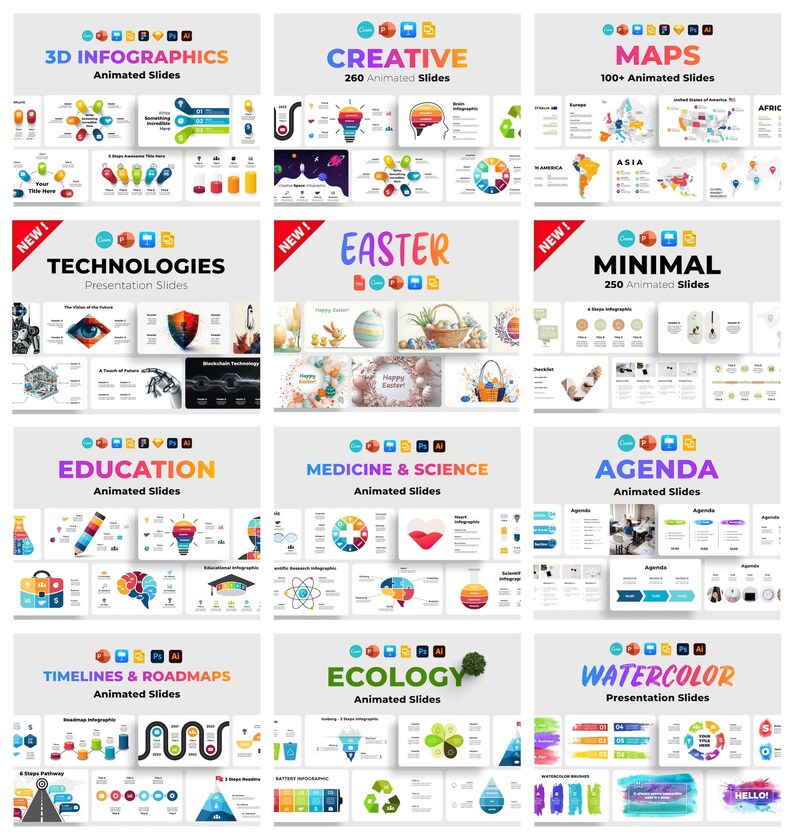 May include: A collage of nine colorful images showcasing different types of animated presentation slides. The images include 3D infographics, creative slides, maps, technologies, Easter, minimal, education, medicine & science, agenda, timelines & roadmaps, ecology, and watercolor.