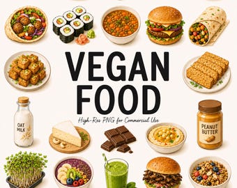 Paquete de 41 imágenes prediseñadas de comida vegana, comidas veganas adorables, batido de tofu y aguacate, ilustraciones PNG de platos modernos, descarga digital.