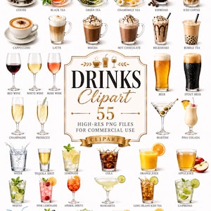 Puede incluir: Una colección de 55 ilustraciones de bebidas que incluyen cafés, tés, cócteles y zumos. El texto central dice DRINKS Clipart 55 HIGH-RES PNG FILES FOR COMMERCIAL USE. Cada bebida se muestra en su vaso o taza correspondiente.