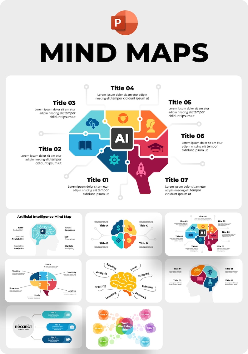 K&ouml;nnte beinhalten: Eine farbenfrohe Infografik mit dem Titel "MIND MAPS", die ein gehirnf&ouml;rmiges Diagramm in der Mitte zeigt, das in Abschnitte mit Titeln unterteilt ist. Zus&auml;tzliche kleinere Mindmap-Beispiele veranschaulichen verschiedene Konzepte.