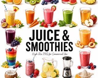 Paquete de 32 imágenes prediseñadas de batidos de frutas, bebidas de frutas, batidos de frutas, limonada, naranja y mango, ilustraciones PNG de bebidas de jugos modernas.