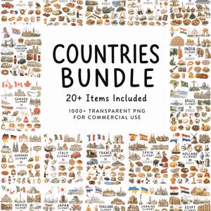 May include: A digital collection of watercolor clipart featuring landmarks, flags, food, and cultural icons from various countries. The central text reads COUNTRIES BUNDLE, 20+ Items Included, 1000+ TRANSPARENT PNG FOR COMMERCIAL USE in black font.