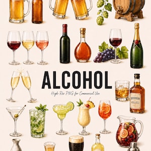 May include: A collection of alcoholic beverages including beer mugs, wine glasses, bottles, a wooden barrel, hops, grapes, cocktails, a pitcher of sangria, and a shaker, with the text ALCOHOL High-Res PNG for Commercial Use centred.