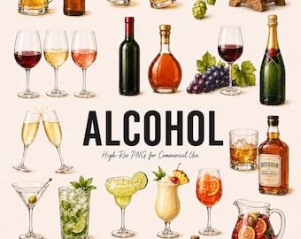 May include: A collection of alcoholic beverages including beer mugs, wine glasses, bottles, a wooden barrel, hops, grapes, cocktails, a pitcher of sangria, and a shaker, with the text ALCOHOL High-Res PNG for Commercial Use centered.