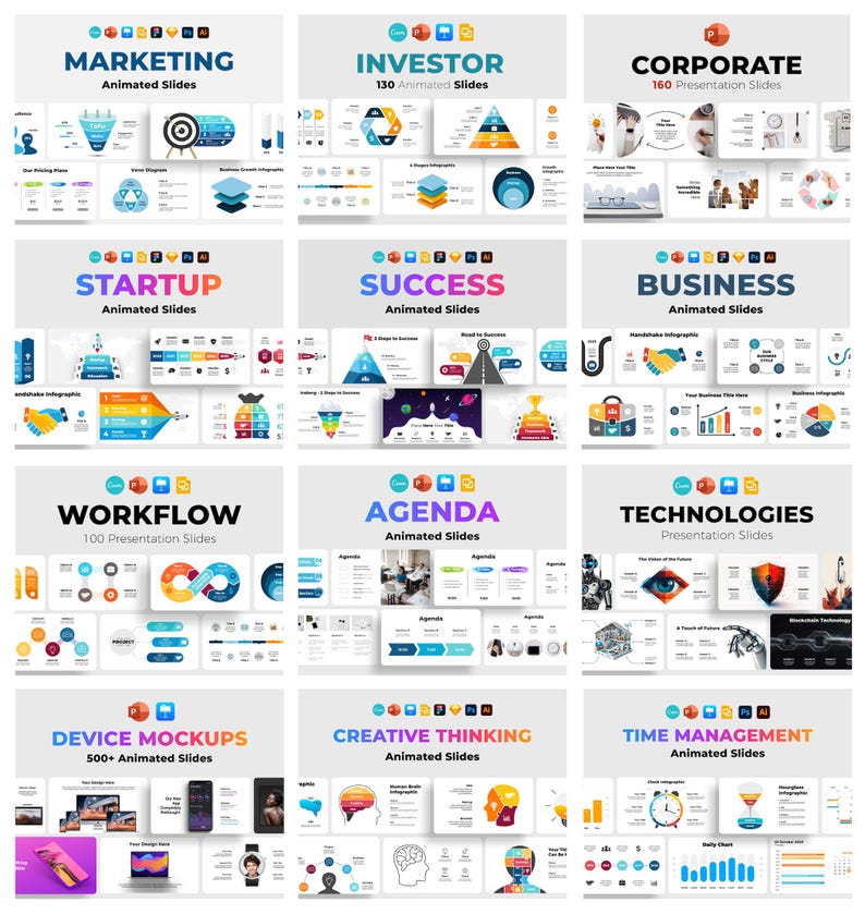Op de afbeelding: Een verzameling van twaalf digitale presentatiedia-sjablonen met diverse thema's, waaronder Marketing, Investeerder, Zakelijk, Startup, Succes, Business, Workflow, Agenda, Technologie&euml;n, Apparaat-mockups, Creatief denken en Tijdbeheer.