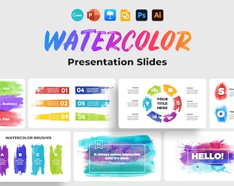 Watercolour PowerPoint, Color Canva Aesthetic Presentation Template, Watercolor Art Brush Strokes, Colorful Design