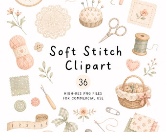 Watercolor Boho Soft Stitch Clipart, 36 Cute High-Res PNG Cliparts, Commercial Use Clip Art, Digital Download, Cozy Sewing, Crochet