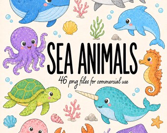 46 imágenes prediseñadas de animales marinos, lindos animales submarinos, criaturas acuáticas, divertidas imágenes de acuarela de ballenas, tiburones, delfines y pulpos, imágenes PNG de alta resolución y divertidas.