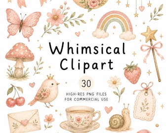 Watercolor Boho Whimsical Clipart, 30 High-Res Cute PNG Illustrations, Commercial Use Clip Art, Digital Download Cliparts, Watercolour Cozy