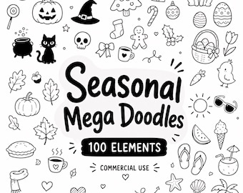 Seasonal Clip Art, Holiday Doodle Cliparts, Christmas Halloween Doodles, Digital Download, Commercial Use, 100 Transparent PNG