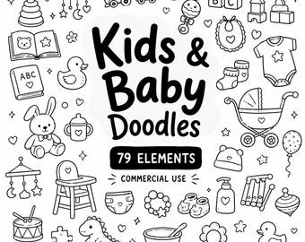 Kids & Baby Clip Art, Nursery Doodle Cliparts, Cute Children Doodles, Digital Download, Commercial Use, 79 Transparent PNG