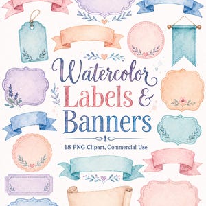 Watercolor Labels Clipart Bundle, Pastel Banners, Ribbons Tags Frames, Decorative PNG Illustrations, Commercial Use