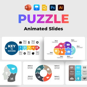 Op de afbeelding: Een kleurrijke infographic met het woord "PUZZLE" in een verloop van roze, paars en blauw. De infographic toont verschillende puzzelstukken met verschillende pictogrammen en tekst, waaronder "KEY TO SUCCESS", "1 2 3 4 5" en "Ideas".