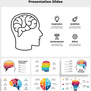 May include: A presentation slide deck titled "Mental Health & Psychology" featuring a series of infographics on mental health and the brain. The infographics use a variety of colours and shapes to represent different aspects of mental health, such as balance, resilience, and growth.
