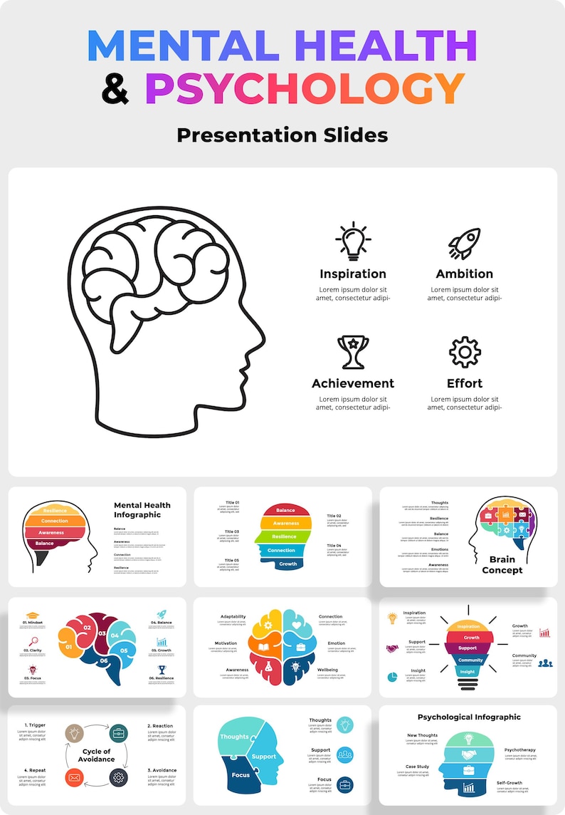 May include: A presentation slide deck titled "Mental Health & Psychology" featuring a series of infographics on mental health and the brain. The infographics use a variety of colours and shapes to represent different aspects of mental health, such as balance, resilience, and growth.