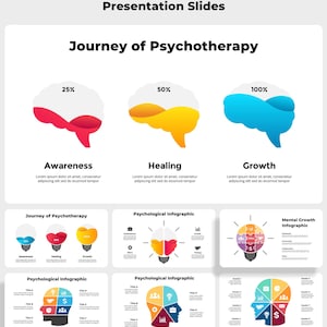 May include: A presentation slide deck titled "Mental Health & Psychology" with the subtitle "Presentation Slides". The deck features a journey of psychotherapy infographic with three stages: awareness, healing, and growth. The infographic uses brain shapes in different colours and percentages to represent each stage. The deck also includes several psychological infographic slides with various layouts and icons.