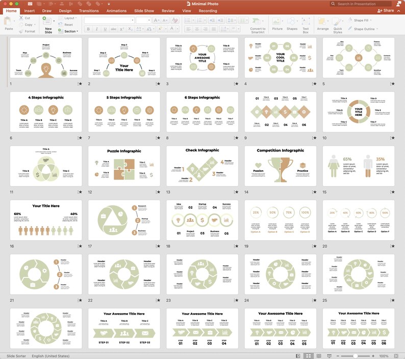 Peut inclure: Un mod&egrave;le de pr&eacute;sentation PowerPoint avec 25 diapositives pr&eacute;sentant divers designs d'infographies. Les diapositives utilisent un sch&eacute;ma de couleurs brun, beige et blanc. Les diapositives comprennent diff&eacute;rents types de graphiques, de diagrammes et de sch&eacute;mas, tels que des diagrammes circulaires, des diagrammes &agrave; barres et des organigrammes. Les diapositives sont con&ccedil;ues pour &ecirc;tre utilis&eacute;es pour des pr&eacute;sentations d'entreprise, des rapports et des propositions.