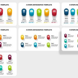 May include: A set of infographic templates with different numbers of steps, each step represented by a colourful oval with an icon and a title. The icons include a lightbulb, a briefcase, a dollar sign, a handshake, a bar graph, an envelope, a gear, a pie chart, and a heart.