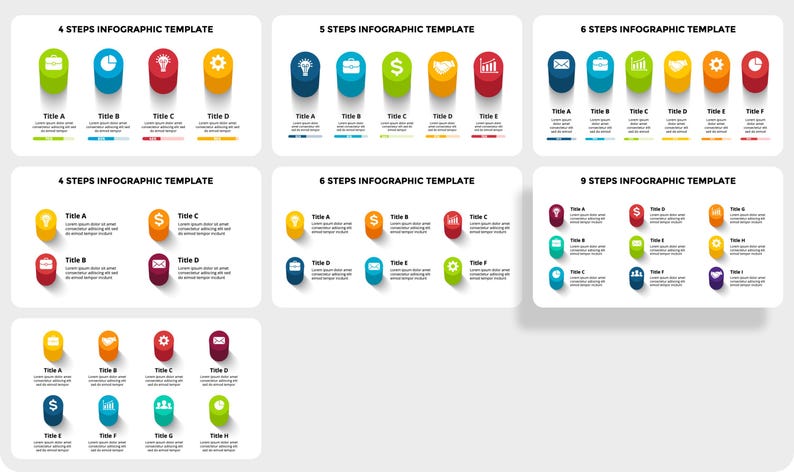 May include: A set of infographic templates with different numbers of steps, each step represented by a colourful oval with an icon and a title. The icons include a lightbulb, a briefcase, a dollar sign, a handshake, a bar graph, an envelope, a gear, a pie chart, and a heart.