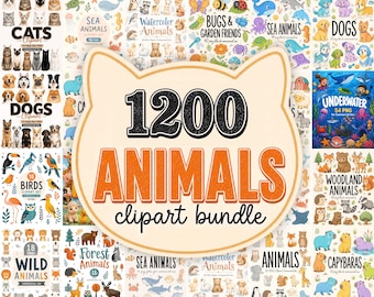29 Animals Clipart in 1 Bundle, 1200 PNG Illustrations, Cats Dogs Dinosaurs, Boho Woodland Pets, Watercolor Baby Sea Animal, Cute Birds