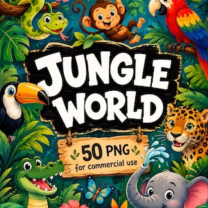 May include: A digital graphic featuring the text JUNGLE WORLD and 50 PNG for commercial use, surrounded by a green jungle scene with a green snake, a brown monkey, a red parrot, a toucan, a leopard, a crocodile, an elephant, and a blue butterfly.