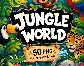 Kids Jungle World Clipart Bundle, Exotic Cute Animals, Tropical Flowers Leaves Nature, Monkey Lion Tiger Parrot PNG Illustrations