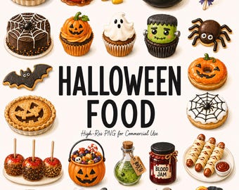Paquete de 29 imágenes prediseñadas de comida de Halloween, otoño, fiestas de otoño, lindos postres espeluznantes, dulces, cupcakes, golosinas de calabaza, ilustraciones PNG, uso comercial.