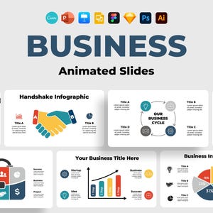 Może przedstawiać: Zestaw animowanych slajdów do prezentacji biznesowych. Slajdy zawierają różne elementy infograficzne, w tym uścisk dłoni, diagram cyklu biznesowego, pasek postępu i wykres kołowy. Slajdy są przeznaczone do użytku w programie PowerPoint, Keynote lub Google Slides.