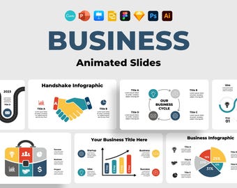 May include: A set of animated slides for business presentations. The slides feature various infographic elements, including a handshake, a business cycle diagram, a progress bar, and a pie chart. The slides are designed to be used in PowerPoint, Keynote, or Google Slides.
