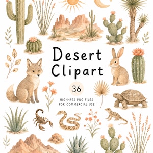 May include: A collection of watercolor desert-themed illustrations featuring cacti, succulents, a fox, a rabbit, a tortoise, a snake, a scorpion, mountains, a sun, and a moon. The text reads Desert Clipart 36 HIGH-RES PNG FILES FOR COMMERCIAL USE.