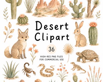 Watercolor Boho Desert Clipart, 36 High-Res PNG Illustrations, Commercial Use Cliparts, Digital Download Clip Art, Cactus, Southwest Animals