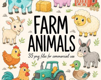 Conjunto de imágenes prediseñadas de animales de granja, linda vaca y cerdo en acuarela, simpáticas ovejas, cabras y gallinas, tractor y granero, PNG transparente de alta resolución, uso comercial.
