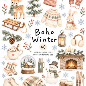 Puede incluir: Una colección de ilustraciones invernales en acuarela que incluye un ciervo, un árbol nevado, un suéter de punto, un conejo, un trineo, una linterna, una chimenea, un muñeco de nieve, patines, una manta a cuadros y botas.