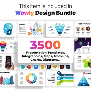 May include: A colorful infographic design bundle with 3,500 presentation templates, infographics, maps, mockups, charts, and diagrams. The bundle includes icons for Canva, PowerPoint, Adobe Illustrator, and Photoshop.