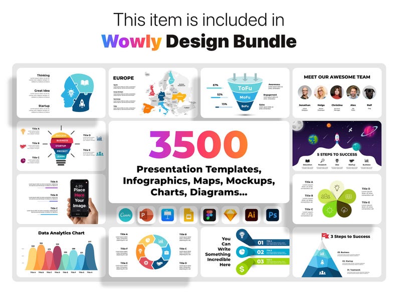 May include: A colorful infographic design bundle with 3,500 presentation templates, infographics, maps, mockups, charts, and diagrams. The bundle includes icons for Canva, PowerPoint, Adobe Illustrator, and Photoshop.