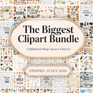 Op de afbeelding: Een digitale collectie van diverse clipart-sets met thema's zoals bosdieren, dinosaurussen, feestdagen, eten en kantooriconen, met een centraal bord met de tekst The Biggest Clipart Bundle Unlimited Shop Access Forever.