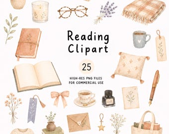 Watercolor Boho Reading Clipart, 25  PNG Illustrations, Commercial Use Clip Art, Digital Download Cliparts, Read Books, Cozy Fall Library
